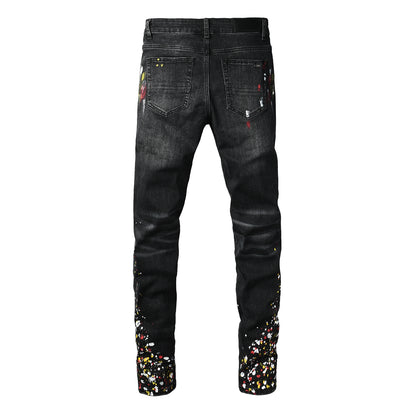 Vaqueros pitillo negros de estilo urbano para hombre con estampado de salpicaduras y efecto lavado – 8913 