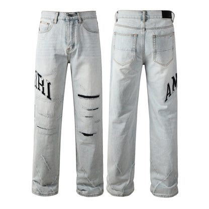 Men’s Light Blue Loose Fit Jeans with Black Letter Print and Ripped Details 8916