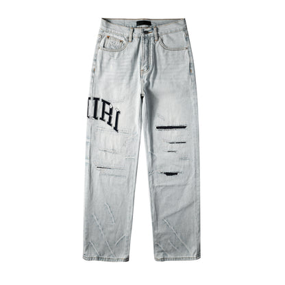 Men’s Light Blue Loose Fit Jeans with Black Letter Print and Ripped Details 8916