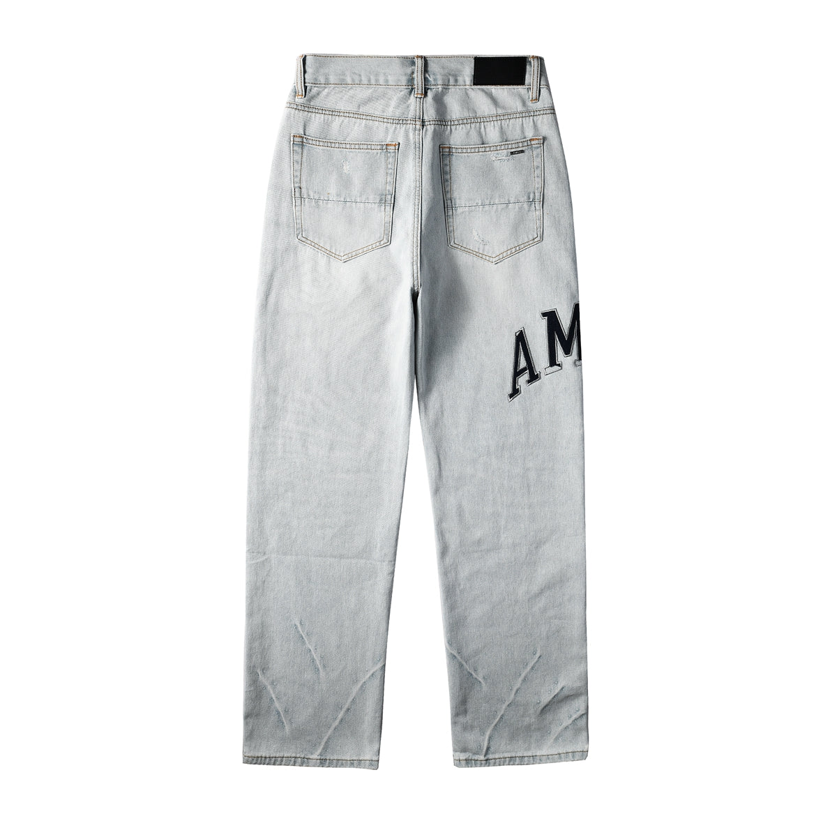 Men’s Light Blue Loose Fit Jeans with Black Letter Print and Ripped Details 8916