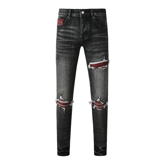 Men's Black Ripped Skinny Jeans with Red Faux Leather Patch and Distressed Knees 8919