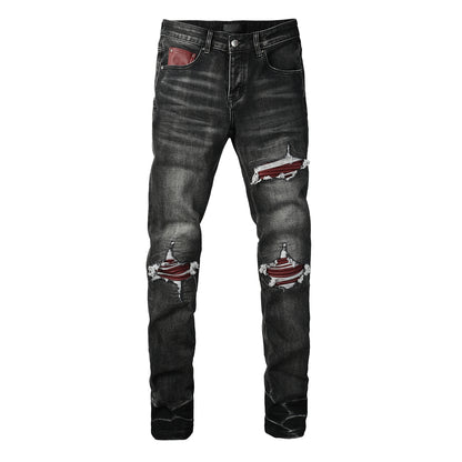 Men's Black Ripped Skinny Jeans with Red Faux Leather Patch and Distressed Knees 8919
