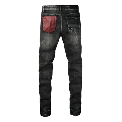 Men's Black Ripped Skinny Jeans with Red Faux Leather Patch and Distressed Knees 8919