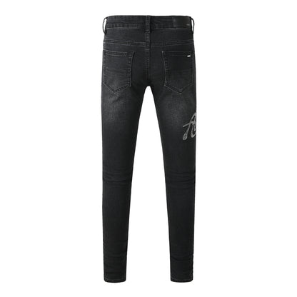 Men's Black Skinny Ripped Jeans with Rhinestone Letter Patch and Distressed Details 8925