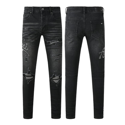 Men's Black Skinny Ripped Jeans with Rhinestone Letter Patch and Distressed Details 8925