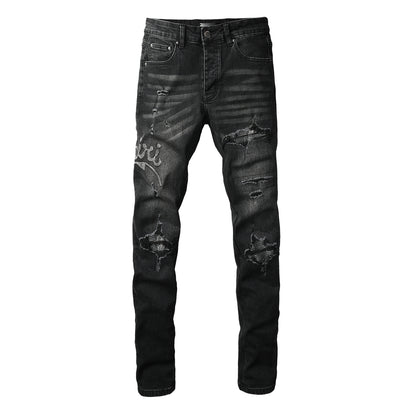 Men's Black Skinny Ripped Jeans with Rhinestone Letter Patch and Distressed Details 8925