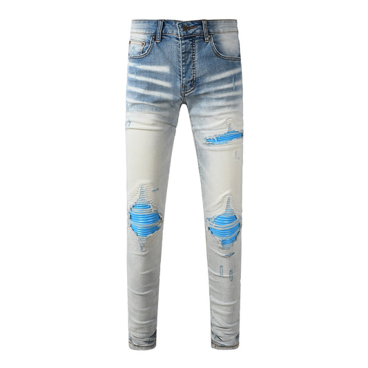 Men's Moto Style Skinny Fit Ripped Jeans with Bright Blue Knee Panels Light Wash 8927