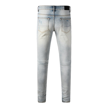 Men's Moto Style Skinny Fit Ripped Jeans with Bright Blue Knee Panels Light Wash 8927