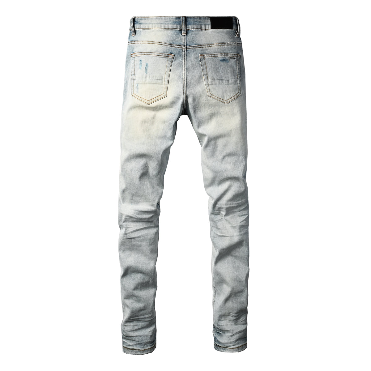 Men's Moto Style Skinny Fit Ripped Jeans with Bright Blue Knee Panels Light Wash 8927