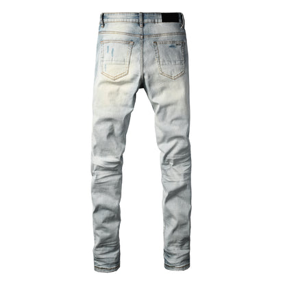 Men's Moto Style Skinny Fit Ripped Jeans with Bright Blue Knee Panels Light Wash 8927