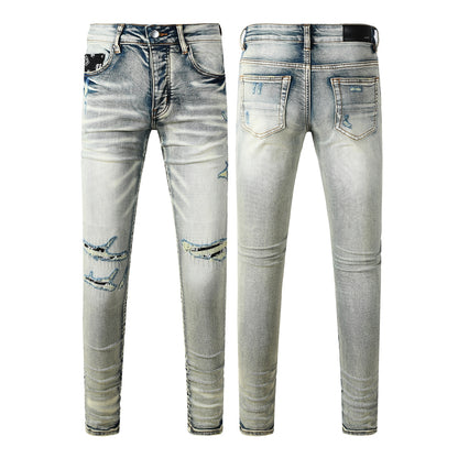 Men's Light Wash Skinny Jeans with Ripped Details and Bandana Pocket Accent 8929