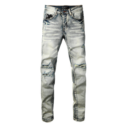 Men's Light Wash Skinny Jeans with Ripped Details and Bandana Pocket Accent 8929