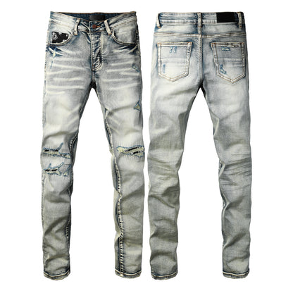 Men's Light Wash Skinny Jeans with Ripped Details and Bandana Pocket Accent 8929