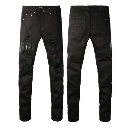 Pantalones vaqueros rasgados con letras bordadas y estilo callejero de estilo europeo y americano, pantalones vaqueros ajustados de corte bajo para hombre, estilo callejero #892 
