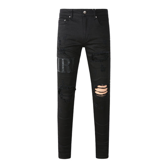 European and American Street Trendy Ripped Letter Embroidered Jeans High Street Trendy Men Slim-fitting Small Feet Jeans #892