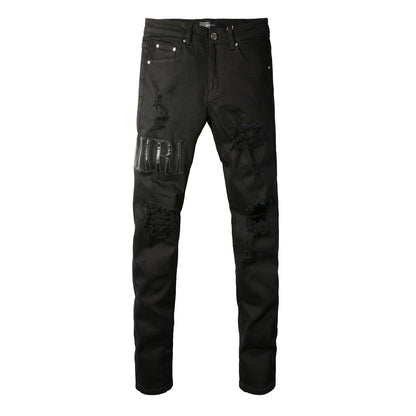 Pantalones vaqueros rasgados con letras bordadas y estilo callejero de estilo europeo y americano, pantalones vaqueros ajustados de corte bajo para hombre, estilo callejero #892 