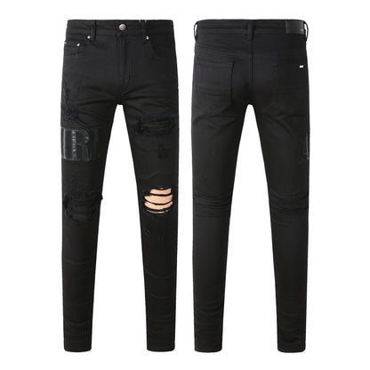 Pantalones vaqueros rasgados con letras bordadas y estilo callejero de estilo europeo y americano, pantalones vaqueros ajustados de corte bajo para hombre, estilo callejero #892 
