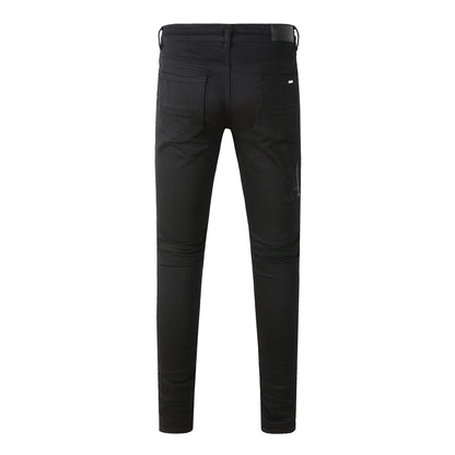 Pantalones vaqueros rasgados con letras bordadas y estilo callejero de estilo europeo y americano, pantalones vaqueros ajustados de corte bajo para hombre, estilo callejero #892 