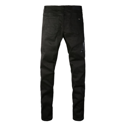 Pantalones vaqueros rasgados con letras bordadas y estilo callejero de estilo europeo y americano, pantalones vaqueros ajustados de corte bajo para hombre, estilo callejero #892 