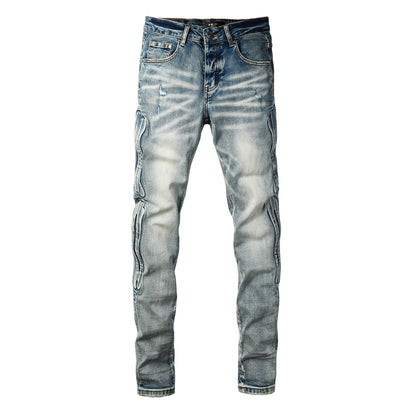 Men's Light Blue Slim-Fit Jeans with Washed Finish and Subtle Distressed Details 8930