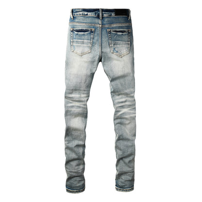 Men's Light Blue Slim-Fit Jeans with Washed Finish and Subtle Distressed Details 8930