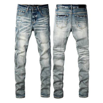 Men's Light Blue Slim-Fit Jeans with Washed Finish and Subtle Distressed Details 8930