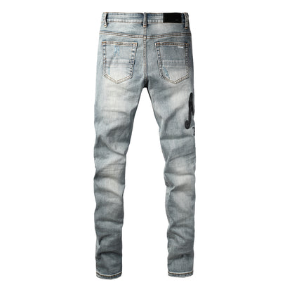 Men's Light Wash Distressed Skinny Jeans with Embroidered Lettering Street Style Denim 8931