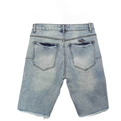 Men's Ripped Denim Shorts Light Blue Wash with Red Rose & Paisley Embroidery - Distressed Raw Hem Jean Shorts