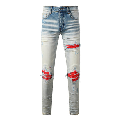 Men's Light Blue Ripped Skinny Jeans with Red Patch Detailing Urban Streetwear Denim 8932