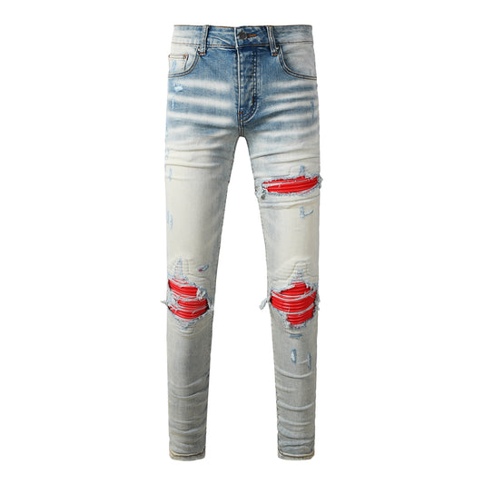 Men's Light Blue Ripped Skinny Jeans with Red Patch Detailing Urban Streetwear Denim 8932