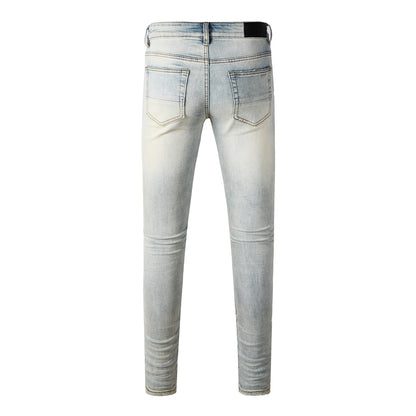 Men's Light Blue Ripped Skinny Jeans with Red Patch Detailing Urban Streetwear Denim 8932