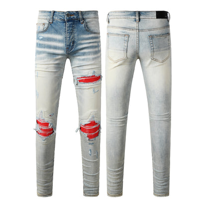 Men's Light Blue Ripped Skinny Jeans with Red Patch Detailing Urban Streetwear Denim 8932