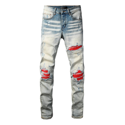 Men's Light Blue Ripped Skinny Jeans with Red Patch Detailing Urban Streetwear Denim 8932