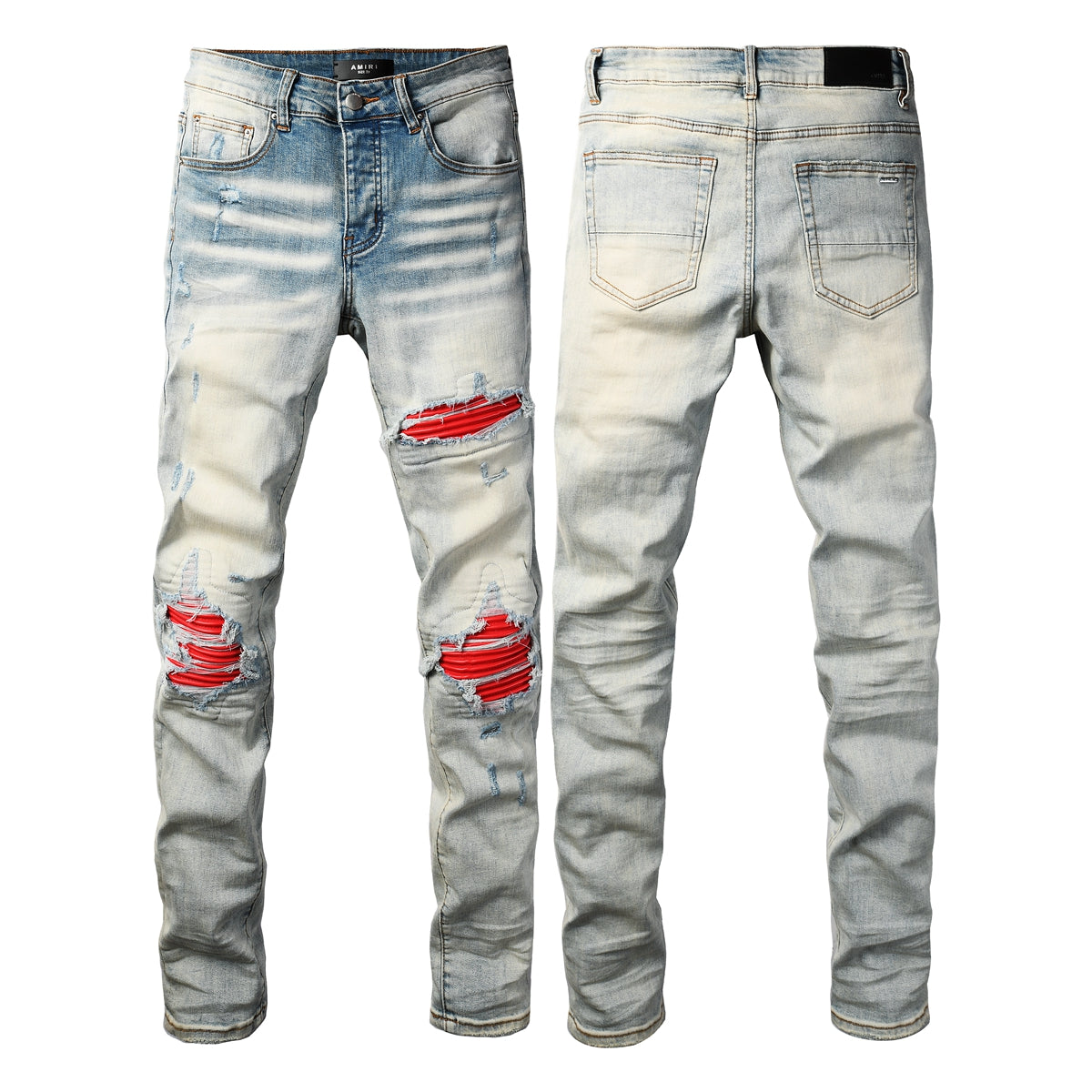 Men's Light Blue Ripped Skinny Jeans with Red Patch Detailing Urban Streetwear Denim 8932