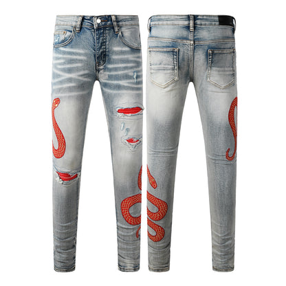 Men’s Light Wash Skinny Jeans with Red Snake Embroidery and Distressed Rips 8933