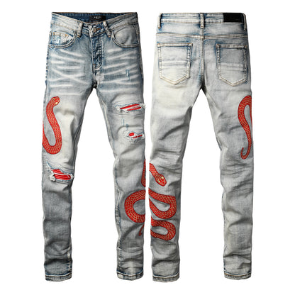 Men’s Light Wash Skinny Jeans with Red Snake Embroidery and Distressed Rips 8933