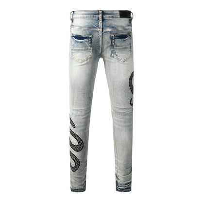 Men’s Light Wash Skinny Jeans with Black Snake Embroidery and Distressed Rips 8934