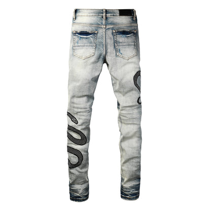Men’s Light Wash Skinny Jeans with Black Snake Embroidery and Distressed Rips 8934