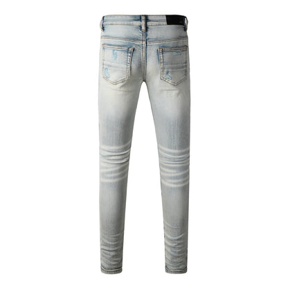 Jean skinny délavé clair pour homme, effet usé, patchwork imprimé lettres – 8835 