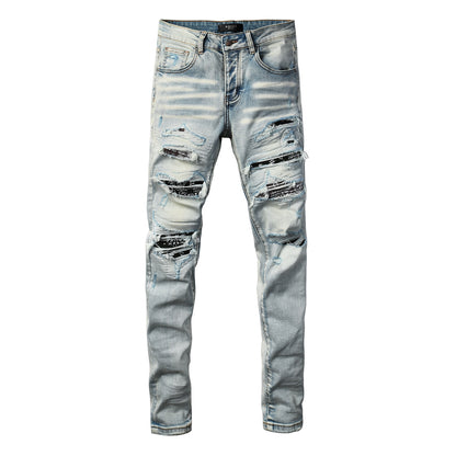Jean skinny délavé clair pour homme, effet usé, patchwork imprimé lettres – 8835 