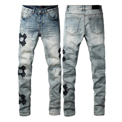 Men’s Light Blue Ripped Jeans with Cross Patch Design 8936