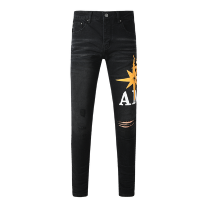 Men’s Black Skinny Jeans with Yellow Star 8937