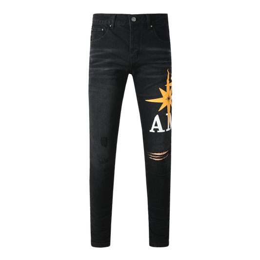 Men’s Black Skinny Jeans with Yellow Star 8937