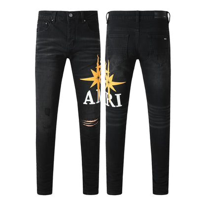 Men’s Black Skinny Jeans with Yellow Star 8937