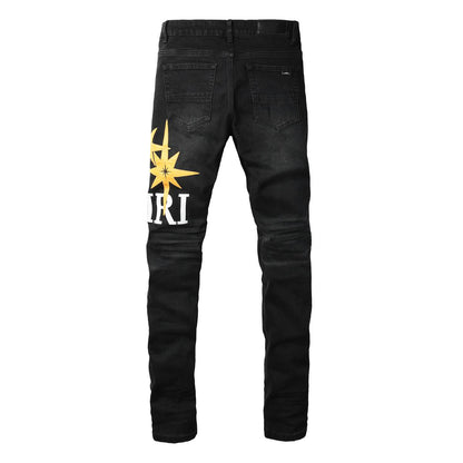Men’s Black Skinny Jeans with Yellow Star 8937