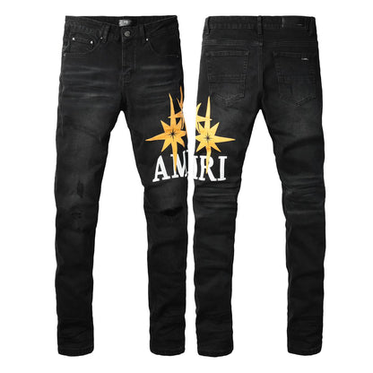 Men’s Black Skinny Jeans with Yellow Star 8937