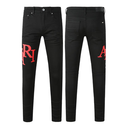 Men’s Black Skinny Jeans with Bold Red Letter Embroidery Minimal Street Style Stretch Denim Pants 893