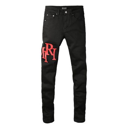 Men’s Black Skinny Jeans with Bold Red Letter Embroidery Minimal Street Style Stretch Denim Pants 893