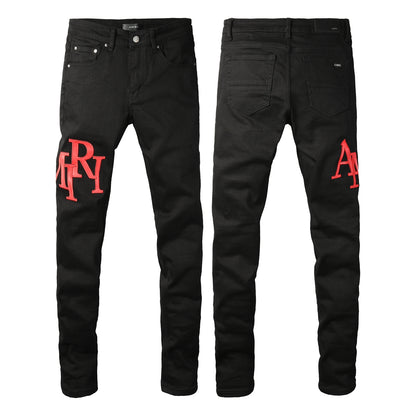 Men’s Black Skinny Jeans with Bold Red Letter Embroidery Minimal Street Style Stretch Denim Pants 893