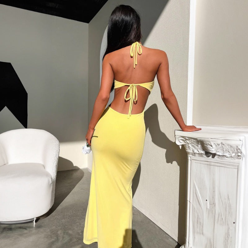 New Sexy Slim Fit Solid Halter Neck Strap Dress D1992874